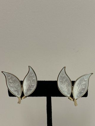 Vtg David Andersen Norway Enamel Double Leaf Clip Earrings Gilt Sterling Silver