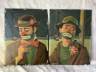 Paint By Number Clown Emmett Kelly Weary Willie Paintings 12x16 Vintage Pair Pbn