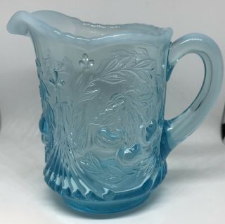 Vintage L.  G.  Wright Blue Opalescent Wreathed Cherry Pattern Glass Creamer