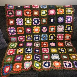 Vintage Hand Crocheted Granny Square Afghan 55 " X 42 " Lap Throw Multicolor Green
