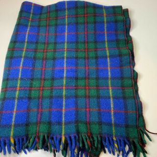 Vintage Wool Throw Blanket Blue Green Plaid Checkered Tasseled Edge 40x46