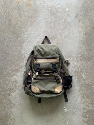 Vintage Ll Bean Backpack Canvas Leather Bottom / Green Cote Tan And Brown