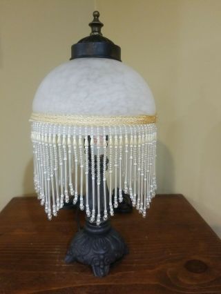 Vintage Underwriters Laboratory White Swirl Milk Glass Beaded Fringe Table Lamp