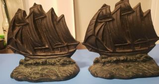 Vintage Black Cast Iron Ornate Bookend Book Ends Nautical Ship Sea Sailing Boat