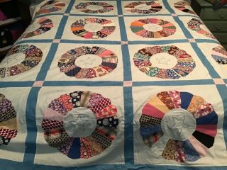 Vintage Antique Quilt Top With Stars,  Blue Border,  Colorful Fabrics