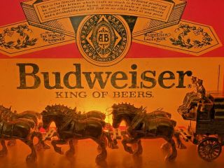 Vintage Budweiser Beer Clydesdale Horses Wagon Lighted Sign & Clock Clear Top