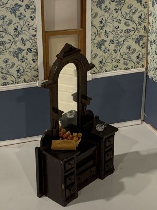 Dollhouse Miniature 1:12 Vintage Mahogany Wood Vanity with Drawers & Mirror 3