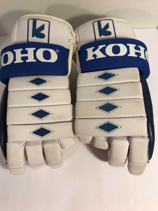 Vintage Hockey Gloves Koho 350 White Blue Leather Palm Shock Sure Thumb Laces