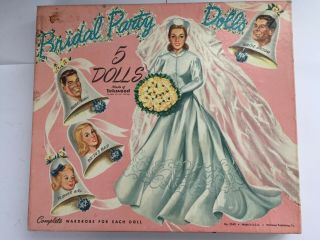Vintage Bridal Party Paper Dolls - 5 Figures,  Stands & Wardrobe - Teakwood Backing