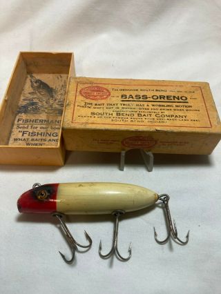 Vintage South Bend Bass - Oreno Wood Glass Eyes Fishing Lure W/ Box Pat Date 1916