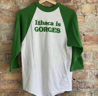 Vintage 80s Ithaca Is Gorges Baseball Tee T Shirt Ny 3 Quarter Sleeve Rare Usa