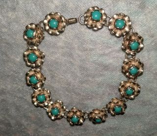 Vintage Taxco Mexico Sterling Silver Turquoise Flower Southwest Link Bracelet