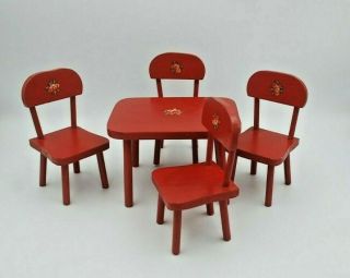 Vintage Painted Wooden Doll Dining Table And Chairs Set,  Red W/rose Decal