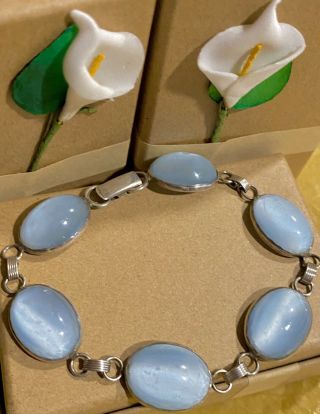 24g Vintage Blue Cats Eye Crystal Sterling Silver Bracelet 925