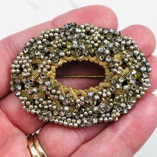 Vtg Miriam Haskell Signed Gold Tone Faux Pearl Clear Rhinestones Brooch