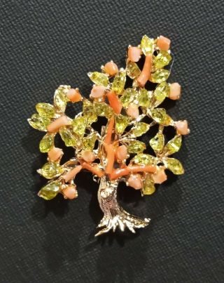 Vintage Gold Tree Of Life Coral And Peridot Brooch/pin