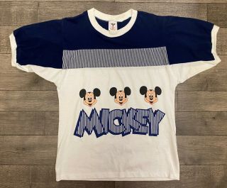Vintage Disney Wear Mickey Mouse Striped Navy White Jersey T - Shirt Size Small