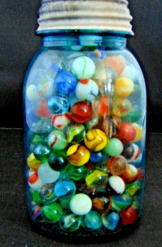 Vintage Marbles In Ball Mason Glass Jar Akro Agate Peltier More Corkscrew Swirl,