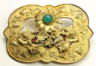 Vintage Art Nouveau Ornate Czech Glass Cabochon Floral Sunflower Sash Brooch Pin