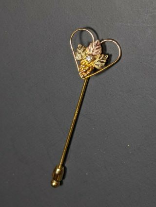 Vintage 10k Black Hills Gold Heart Stick Pin Brooch Diamond Leaves Landstrom 
