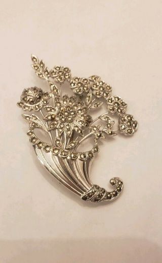 925 Sterling Silver Vintage Real Marcasite Gem Floral Ornate Design Pin Brooch