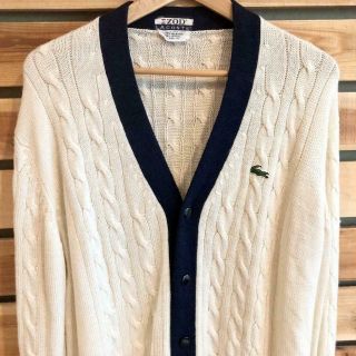 Rare Vtg 70s/80s White/blue Lacoste Cable Knit Wool Blend Cardigan Sweater Xl