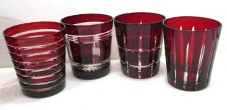 Vintage Mcm Bohemian Czech Glass? 4 Ruby Red Cut To Clear Highball Juice Glasses
