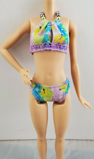 Barbie Beach Party Doll 2008 Purple Beaded Neck Bikini Swimsuit Summer Fashion