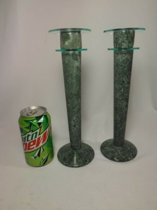 (2) Vintage Milano Series Green Marble Taper Candlestick Holders 10 3/4 " Tall