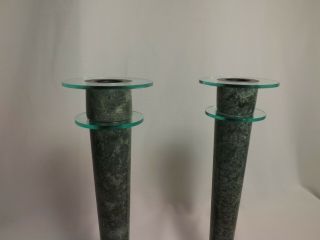 (2) Vintage MILANO Series Green Marble Taper Candlestick Holders 10 3/4 