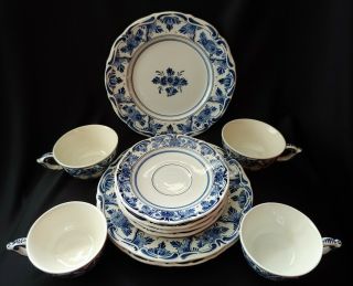 Vtg Delft Blauw Holland Luncheon Set 4 Cups Saucers & 4 Plates 8 1/2 "