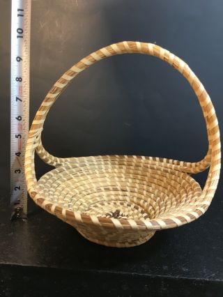 Vintage Gullah Sweetgrass Hand Woven Round Basket With Triple Woven Cross Handle
