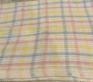 Vintage Beacon Wpl 1675 Baby Blanket Blue Yellow Pink Woven Knit Waffle Weave