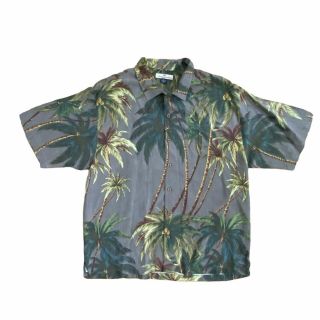 Vtg.  Tommy Bahama Xl Relax 100 Silk Hawaiian Button Up Short Palm Trees Gray