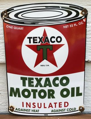 Vintage 1956 Dated Texaco Motor Oil Can Porcelain Gasoline Gas Pump Station Sign