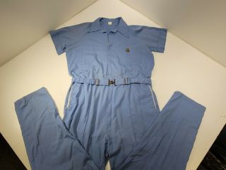 Vtg 70s Blue Short Sleeve Belted Mechanic Coveralls Jumpsuit Leisure Lg 42 - 44