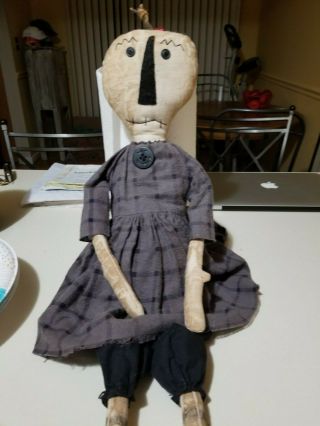 Primitive Pumpkin/skeleton Doll With Plaid Button Dress