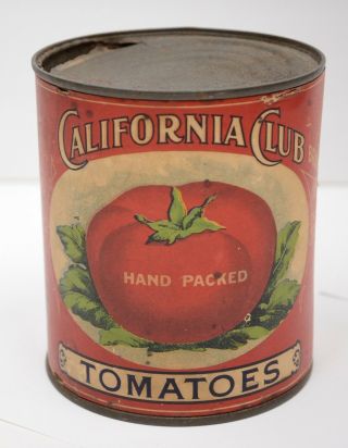 Antique Paper Label Tin Food Can California Club Berkeley Tomatoes Vtg