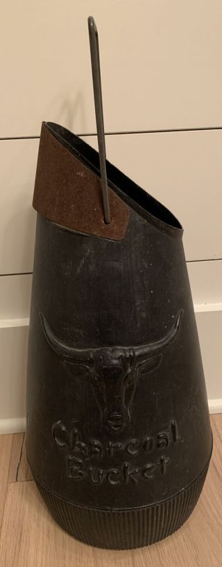 Vintage Black Plastic Charcoal Bucket Pail Bull Steer Embossed Primitive 19 "