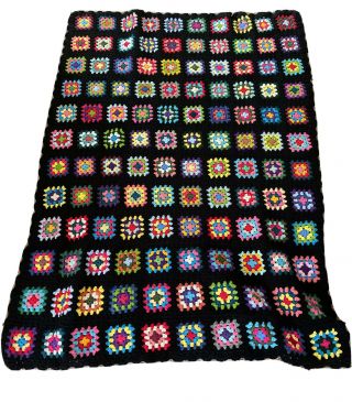 Vintage Black Handmade Crochet Blanket / Knitted Afgan Throw Granny Square 68x48