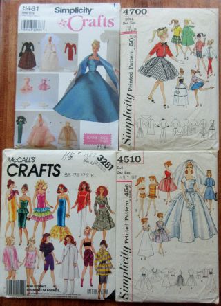 Vintage 11 In Barbie Doll Clothes Patterns Wedding Dress Swim Suit Coat Pants