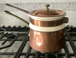 Vtg Waldow Brooklyn Ny Copper Double Boiler With Brass Handles Porcelain Insert
