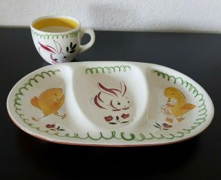 Vintage Stangl Pottery Kiddieware Divided Dish And Cup Baby Rabbit & Chicks