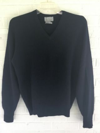 Vintage Cox Moore England Navy Blue 100 Pure Cashmere Mens L V - Neck Sweater Euc