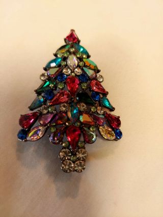 Vintage Avon Christmas Tree Brooch Pin 2006 Multi Color Rhinestones Huge 3”