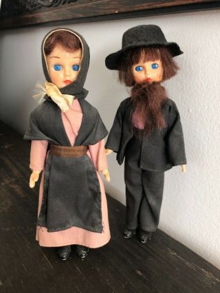 Vintage 1960s Amish Dolls Set Man And Wife 7 Inches Tall Adorable Set Blue Eyes