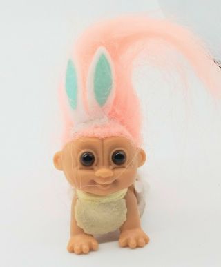 Vtg Russ Mini Easter Bunny Ears Crawling Baby Troll Doll Pink,  Bib & Diaper Euc