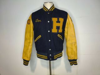 Vintage 80s Letterman Jacket Wool Leather H Navy Blue Gold Butwin 40 Football