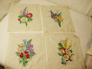 4 Vtg Crewel Needlework Unframed Picture Flowers Red Purple Yellow Bright Frship