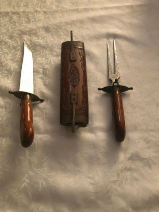 Vintage Hand - Carved Traveling Knife And Fork Set Made In India Wood And Brass.